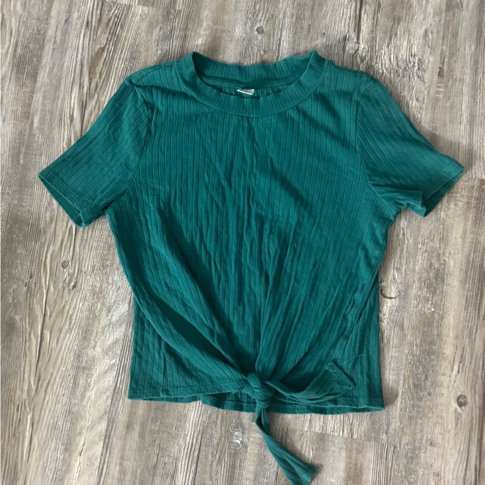 Green Ribbed Tie-Front Short Sleeve Tee